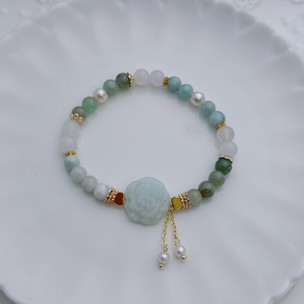 GB82 Handmade Freshwater Pearl Jade Stretchable Bracelet 7”